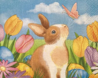 3 Decoupage Luncheon Napkins, Easter Rabbit Butterfly 13" x 13" Unfolded