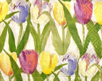 3 Decoupage Beverage Napkins, Caspari Spring Tulips, 10" x 10" Unfolded