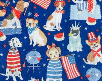 3 Decoupage Beverage Napkins, Dogs 4th of July Celebration, 10" x 10" Unfolded