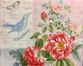3 decoupage Lunch servetten, Parc du Chateau bloemen roze rozen Collage, 13 "x 13"