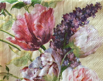 3 Decoupage Beverage Napkins, Spring Elizabethan Tulips Flower Garden, 10" x 10" Unfolded