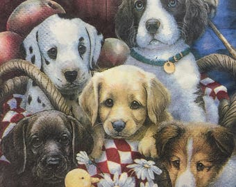 3 Decoupage Beverage Napkins, Dogs Puppies Summer Picnic Basket 10" x 10"