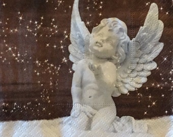 3 Decoupage Christmas Beverage Napkins, Angel Cherub Snow, 10" x 10"