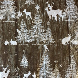 3 Decoupage Christmas Napkins, Trees Forest Animals White Silhouettes 13&quot; x 13&quot; Unfolded