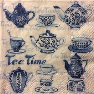 3 Decoupage Servietten, Tea Time blaue Teekannen Teetassen, 33 cm x 33 cm ungefaltet
