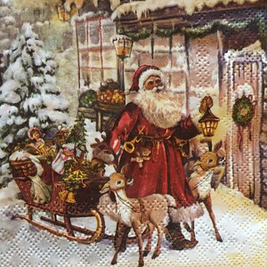 3 serwetki obiadowe do decoupage'u - Primitive Santa Christmas Visit, 13" x 13" po rozłożeniu