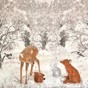 3 serviettes à servir, faon doux, renard, lapin, forêt d'hiver enneigée, 33 x 33 cm déplié