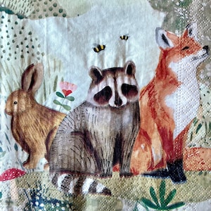 3 serviettes de découpage, Woodland Forest Rabbit Raccoon Fox Animals, 13 "x 13" déplié