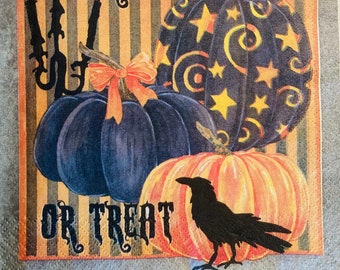 3 Decoupage Napkins, Happy Halloween Trick or Treat Painted Pumpkins, 13"x13" Unfolded