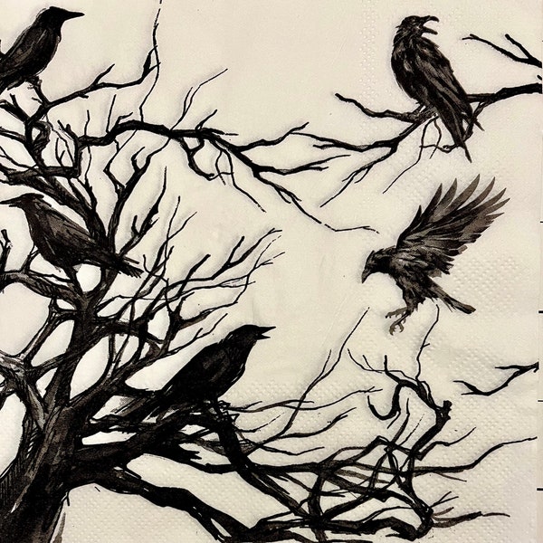 3 Decoupage-Servietten, schwarze Krähen Raben im schwarzen Baum, 33 x 33 cm ungefaltet