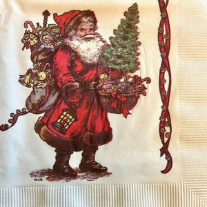 3 zabytkowe świąteczne serwetki do napojów decoupage Potpourri Press Primitive Santa 1991, 10" x 10" rozłożone