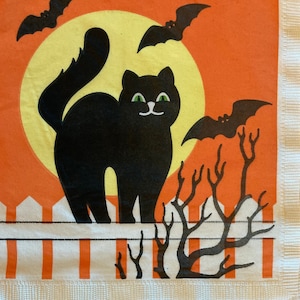 3 auténticas servilletas Vintage Decoupage - Happy Halloween Black Cat Bats, 13&quot; x 13&quot; desplegado