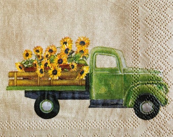 3 Decoupage Beverage Napkins - Fall Autumn Sunflower Green Pickup Truck, 10" x 10" Unfolded