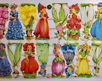 SCRAP RELIEFS 16 Vintage Flower Fairy Girls  (1 sheet) #7425 Embossed Die Cuts - Made in Germany