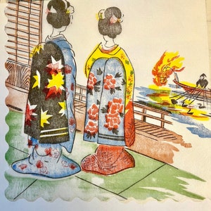 3 tovaglioli di carta di riso vintage decoupage, due donne giapponesi kimono cormorani barche di pescatori Ukai, 14" x 14" aperto