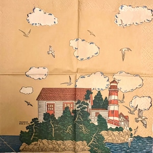 3 Vintage Decoupage Beverage Napkins, Beach Island Lighthouse, 10&quot; x 10&quot; unfolded, 1996