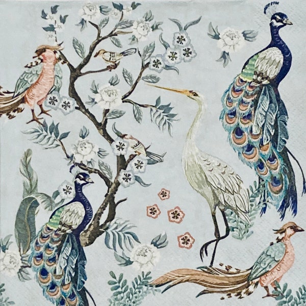 3 Decoupage Napkins - Peacocks Heron Garden Chinoiserie Blue 13" x 13" Unfolded