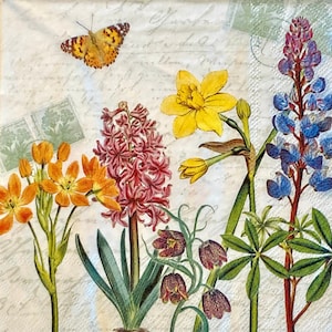 3 Decoupage Napkins, Spring Flowers Butterfly Garden Collage, 13&quot;x13&quot; Unfolded