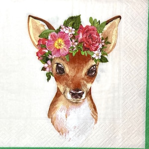 3 Decoupage Napkins - Beautiful Floral Crown Deer 13&quot; x 13&quot; unfolded