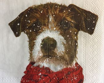 3 Decoupage Beverage Napkins, Archie Dog Winter Snow Red Scarf 10" x 10" Unfolded