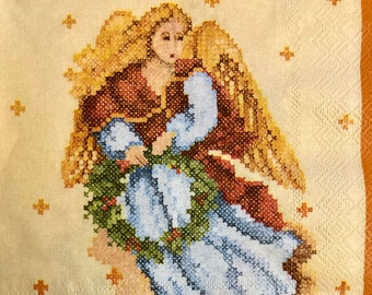 3 Decoupage Napkins, Vintage Stitchery Angel Christmas Eve, 13" x 13" unfolded
