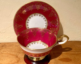 Vintage Collingwood Gold Gilded Filigree Burgundy Bone China Footed Tea Cup Set 1950's