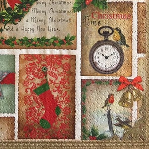 3 Decoupage Holiday Luncheon Servetten, Christmas Time Collage, 13" x 13" Ontvouwd