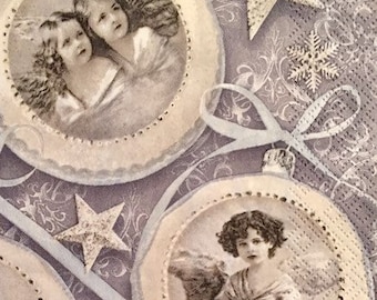3 Servilletas navideñas Decoupage, Adornos navideños Vintage Girl Angels, 13" x 13" desplegados