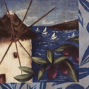 3 Decoupage Lunch Servietten, Windmühle Olivenzweig Blau Wasser 13" x 13" aufgeklappt