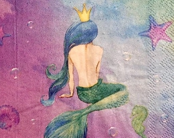 3 Decoupage Napkins, Mermaid Purple Fantasy, 13" x 13" Unfolded
