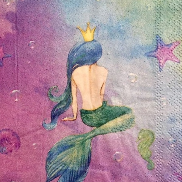 3 Decoupage Napkins, Mermaid Purple Fantasy, 13" x 13" Unfolded