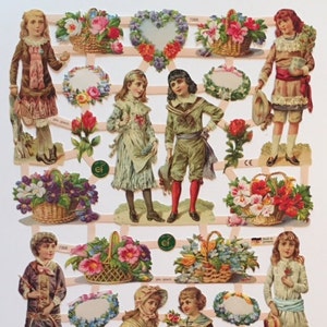 SCRAP RELIEFS Niños con cestas de flores (1 hoja) #7368 - Troquelados en relieve - Made in Germany