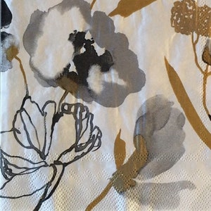 3 Decoupage Lunch Servietten, Silber Gold Metallic Ariella Blumen Aquarell 13 "x 13" ungefaltet