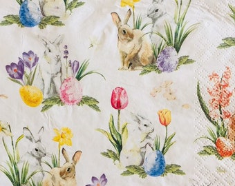 3 Decoupage Luncheon Napkins, Easter Rabbits Spring Flowers, 13" x 13" Unfolded