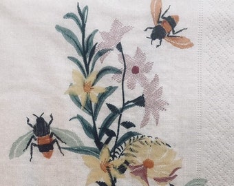 3 Decoupage Napkins, Springtime Floral Bees 13" x 13" Unfolded