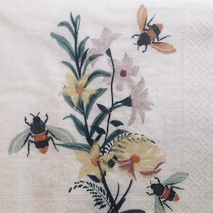 3 Decoupage Napkins, Springtime Floral Bees 13&quot; x 13&quot; Unfolded