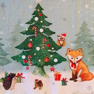 3 Serviettes de vacances de découpage, animaux de forêt d’arbre de Noël, 13 » x 13 »