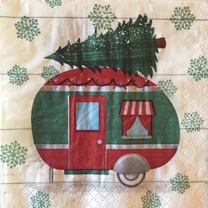3 guardanapos de bebidas decoupage - Holiday Mini Vacation Camper Trailer 10"x10" desdobrado
