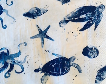 3 Decoupage Beverage Napkins, Blue Ocean Sea Life, 10&quot; x 10&quot; unfolded
