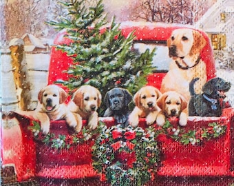 3 Decoupage Luncheon Napkins, Christmas Red Pickup Truck Lab Dogs Puppies Family Trip, 13" x 13" unfolded