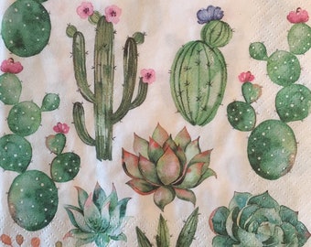 3 Decoupage Napkins, Cactus Succulents Mix 13" x 13" unfolded