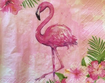 3 Decoupage Napkins, Pink Flamingo Hibiscus Flowers Drawing, 13"x13" Unfolded