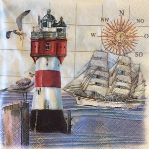 3 Decoupage Napkins, Ocean Lighthouse Compass Ship 13&quot; x 13&quot; Unfolded