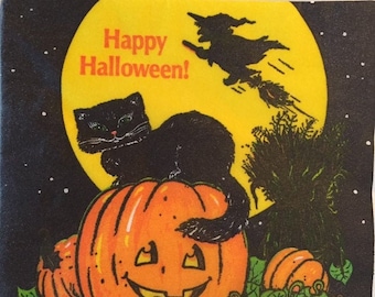 3 Authentic Vintage Decoupage Beverage Napkins, Happy Halloween Black Cat Witch Full Moon, 10"x10" Unfolded
