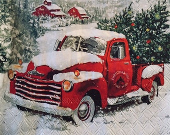 3 Decoupage Luncheon Napkins, Vintage Red Pickup Truck Snowy Christmas, 13&quot; x 13&quot; unfolded