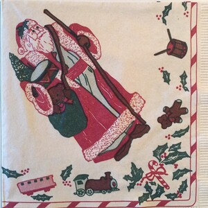 3 zabytkowe świąteczne serwetki do napojów z decoupage'em Primitive Santa 1991, 10" x 10" rozłożone