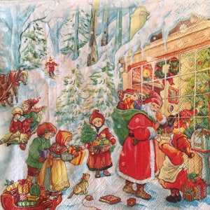 3 serwetki świąteczne do decoupage'u, Święty Mikołaj z dziećmi, śnieżna wioska, 13" x 13" rozłożone