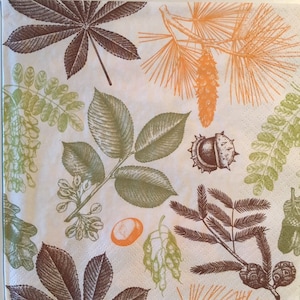 3 Decoupage Lunch Napkins, Forest Leaves Nuts Cones 13&quot; x 13&quot; Unfolded