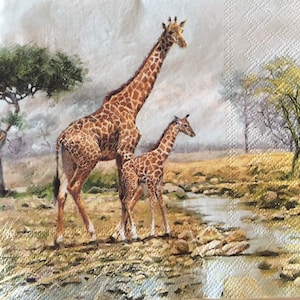 3 Decoupage Napkins, Giraffe Family African Animals 13&quot; x 13&quot; unfolded