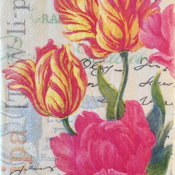 3 Decoupage Hostess Napkins, Tulipa Tulips Collage, 13"x16"